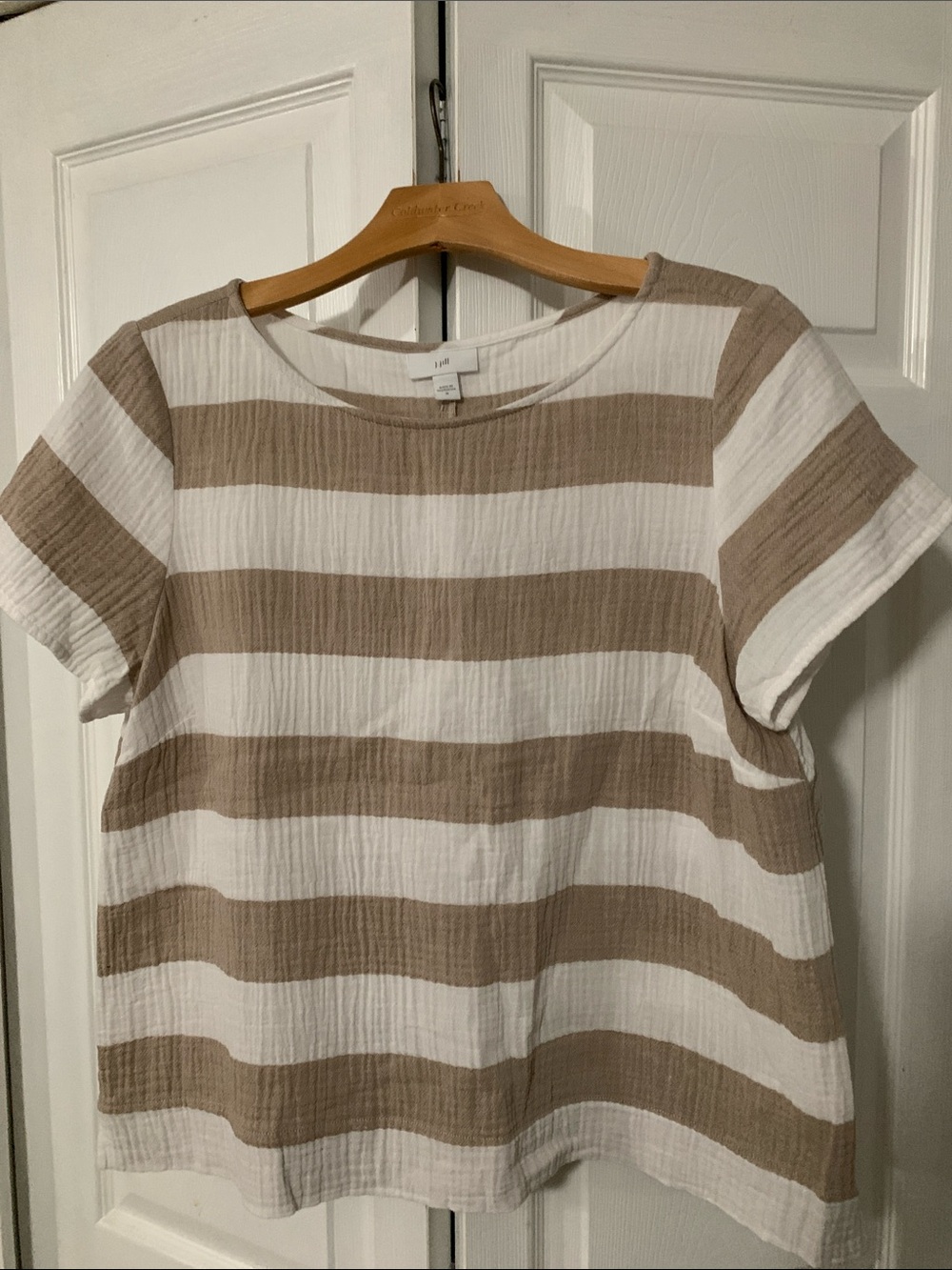 J. Jill Beige and White Striped Short Sleeve Top